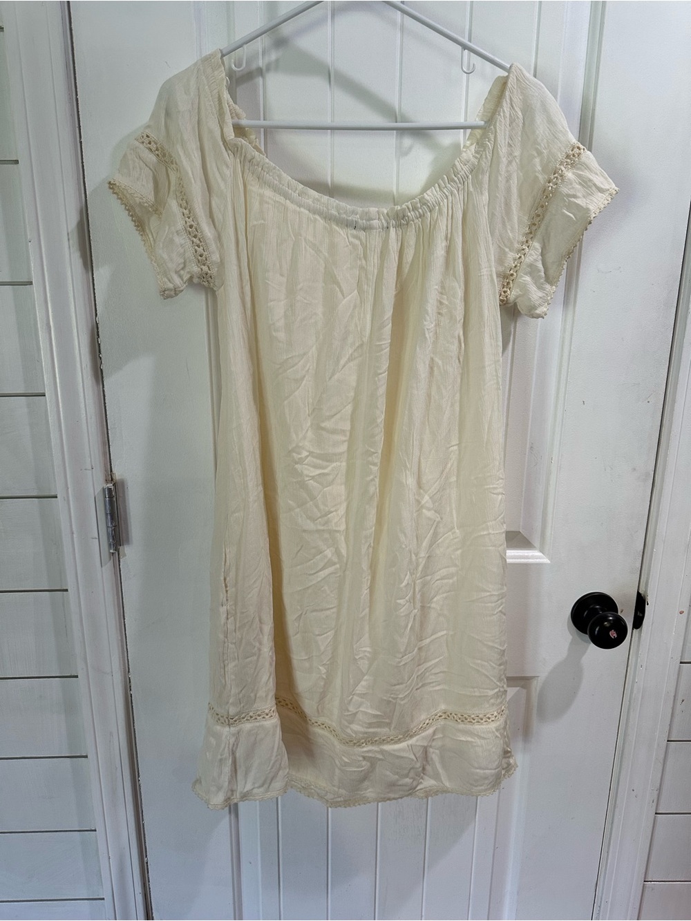Silver Jeans Co Cream Crinkle Gauze Peasant Dress M Crochet Lace Boho - Picture 3 of 6